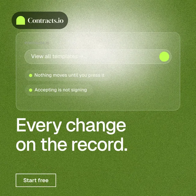 Instagram post for contracts.io: "Every change on the record." Cyanotype style, bottom layout, light palette in green.