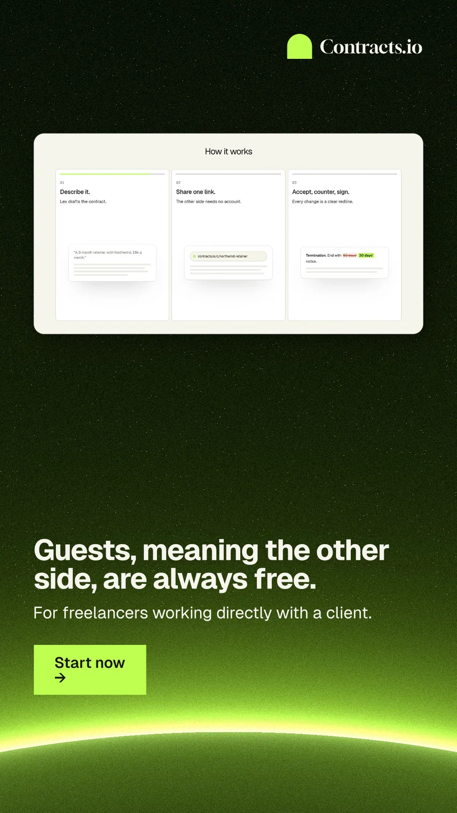 Instagram story for contracts.io: "Guests, meaning the other side, are always free." Swiss style, bottom layout, dark palette in green, black.