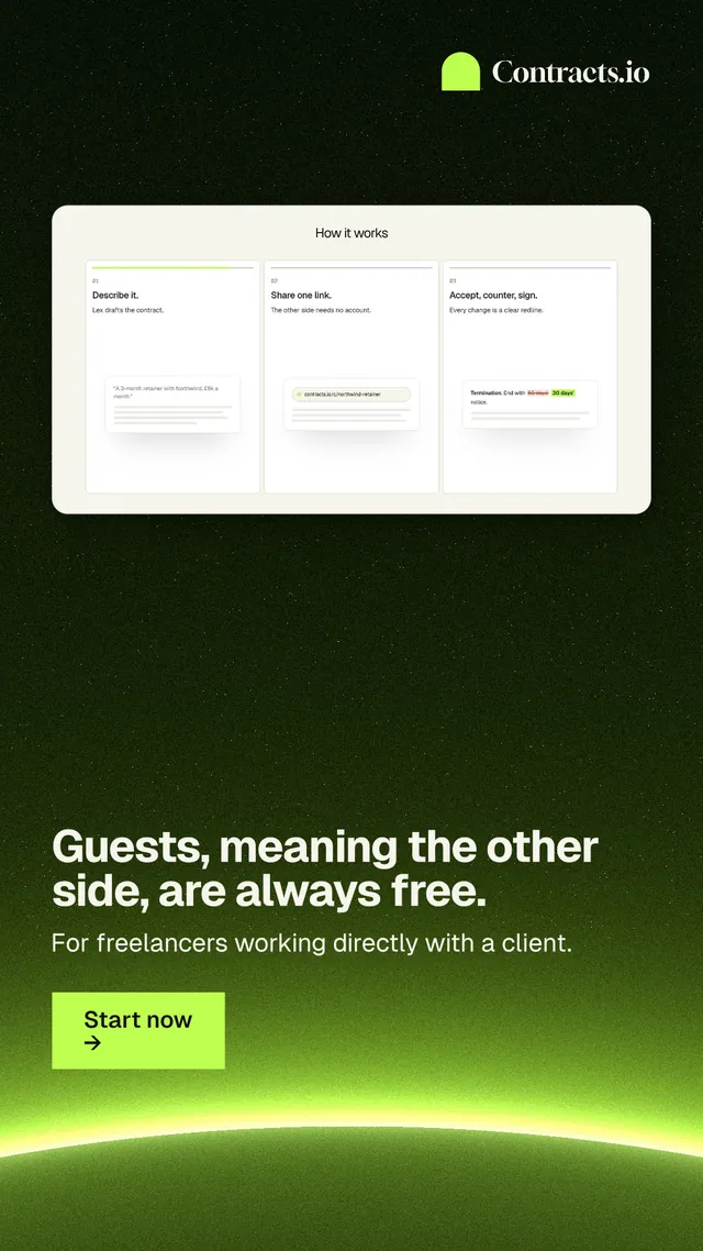 Instagram story for contracts.io: "Guests, meaning the other side, are always free." Swiss style, bottom layout, dark palette in green, black.