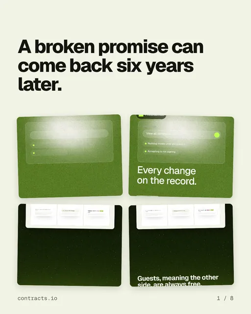 Carousel for contracts.io: "A broken promise can come back six years later.". Collection carousel, 8 slides, light palette.