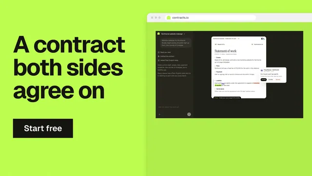 Landscape graphic for contracts.io: "A contract both sides agree on". Swiss style, browser layout, light palette in green.