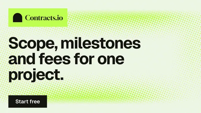 Landscape graphic for contracts.io: "Scope, milestones and fees for one project." Swiss style, announce layout, light palette in white, green, grey.