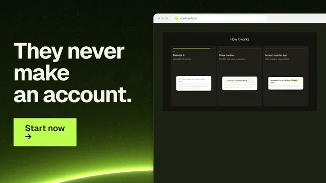 Landscape graphic for contracts.io: "They never make an account." Swiss style, browser layout, dark palette in black, green.