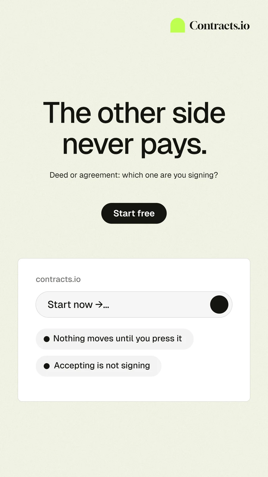 Instagram story for contracts.io: "The other side never pays." Data card style, centred layout, light palette in white.