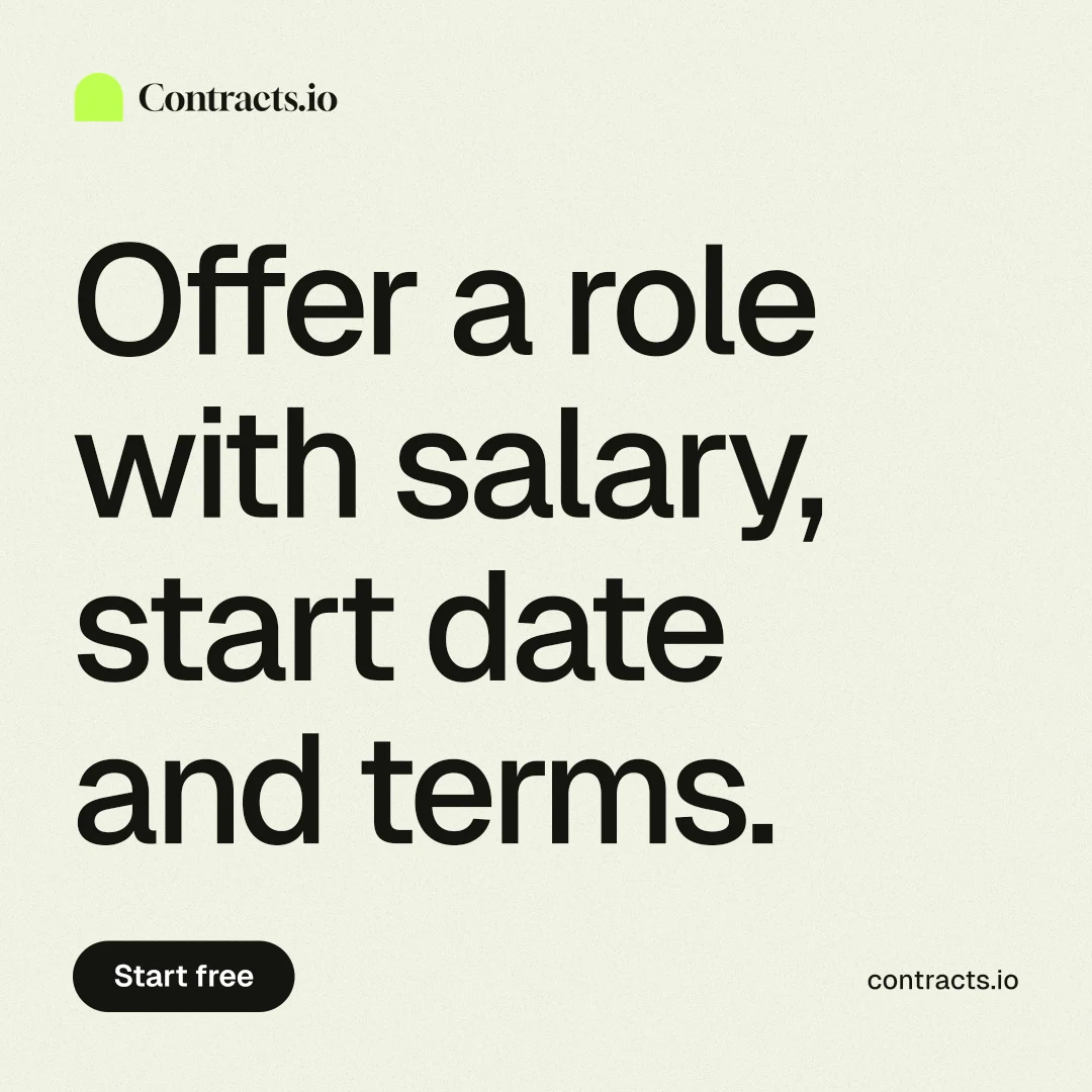 Instagram post for contracts.io: "Offer a role with salary, start date and terms." Data card style, poster layout, light palette in white, grey.