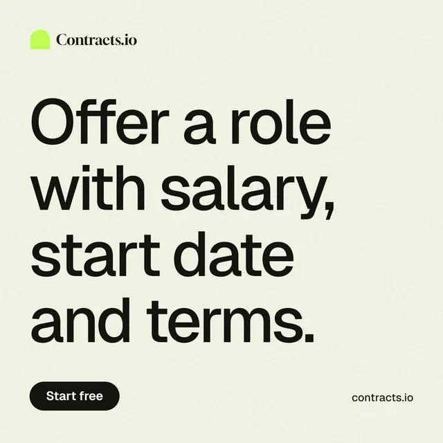 Instagram post for contracts.io: "Offer a role with salary, start date and terms." Data card style, poster layout, light palette in white, grey.