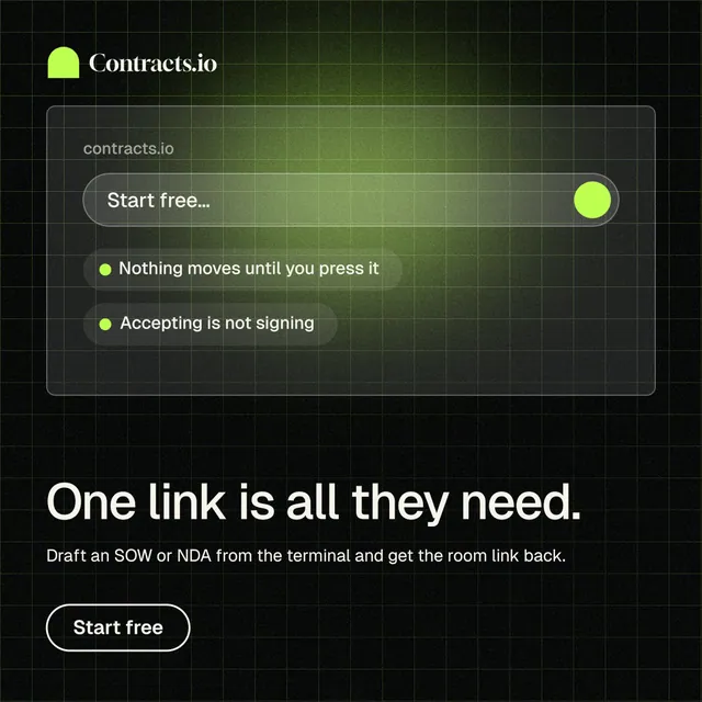 Instagram post for contracts.io: "One link is all they need." Phosphor atlas style, bottom layout, dark palette in black, green.