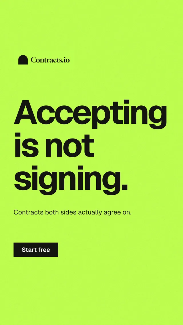 Instagram story for contracts.io: "Accepting is not signing." Swiss style, announce layout, light palette in green.