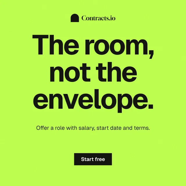 Instagram post for contracts.io: "The room, not the envelope." Swiss style, centred layout, light palette in green.