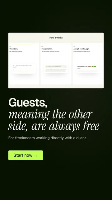 Video for contracts.io: "Guests, meaning the other side, are always free.". Doc motion loop, 8.0 s, dark palette.