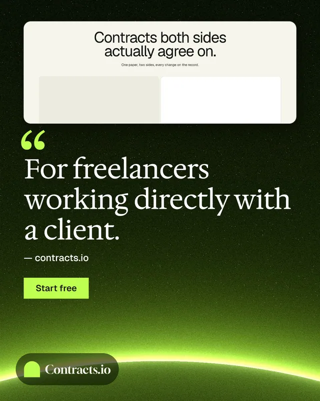 Instagram portrait post for contracts.io: "For freelancers working directly with a client." Swiss style, quote layout, dark palette in black, green, white.
