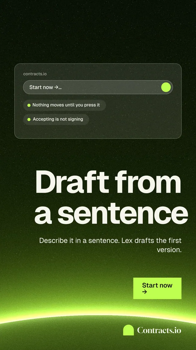Instagram story for contracts.io: "Draft from a sentence". Swiss style, right layout, dark palette in black, green.