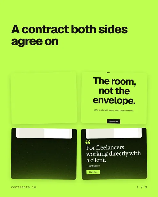 Carousel for contracts.io: "A contract both sides agree on". Collection carousel, 8 slides, light palette.