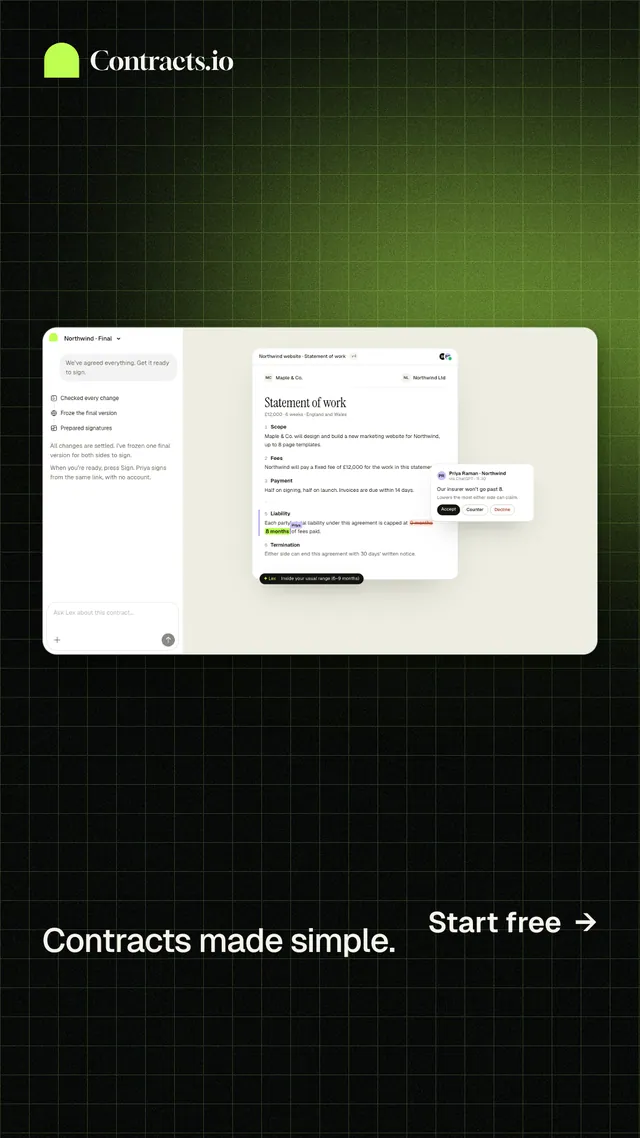 Instagram story for contracts.io: "Contracts made simple." Phosphor atlas style, image led layout, dark palette in white, black, green.