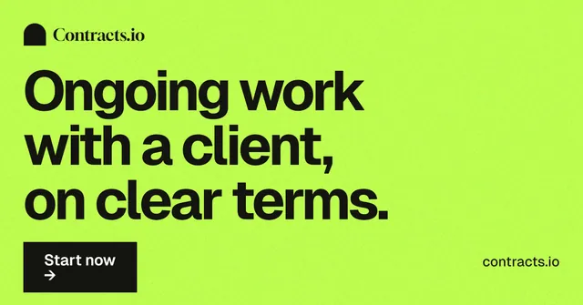 Social ad for contracts.io: "Ongoing work with a client, on clear terms." Swiss style, poster layout, light palette in green.