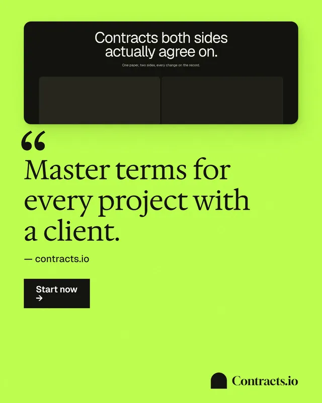 Instagram portrait post for contracts.io: "Master terms for every project with a client." Swiss style, quote layout, light palette in green, black.