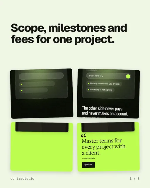 Carousel for contracts.io: "Scope, milestones and fees for one project.". Collection carousel, 8 slides, light palette.