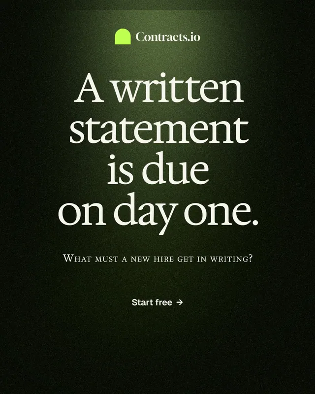 Instagram portrait post for contracts.io: "A written statement is due on day one." Dark deco style, smallcaps layout, dark palette in black, grey.