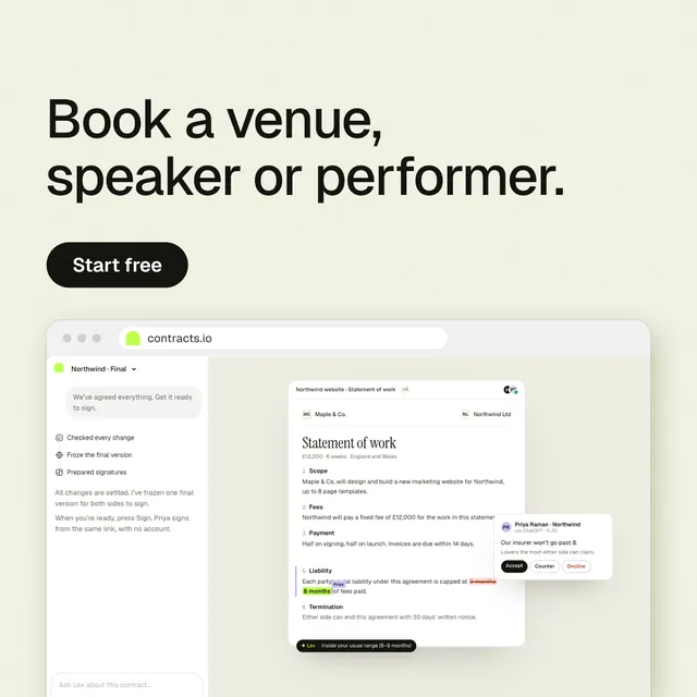 Instagram post for contracts.io: "Book a venue, speaker or performer." Data card style, browser layout, light palette in white, yellow, grey.