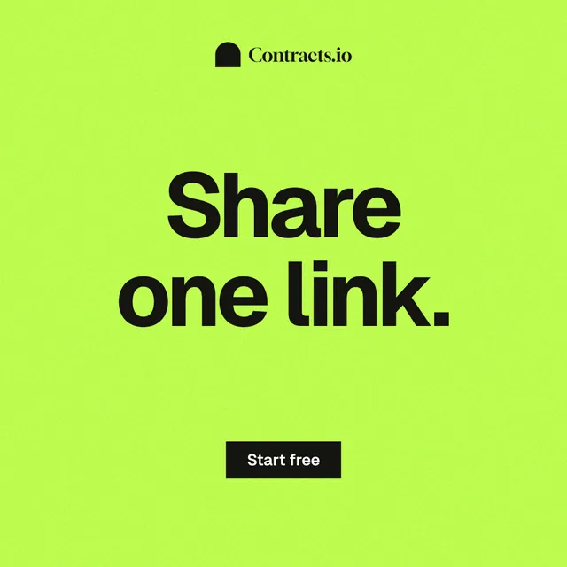 Instagram post for contracts.io: "Share one link." Swiss style, centred layout, light palette in green.