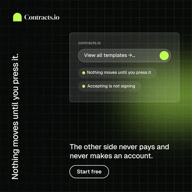 Instagram post for contracts.io: "Nothing moves until you press it." Phosphor atlas style, vertical layout, dark palette in black, green.