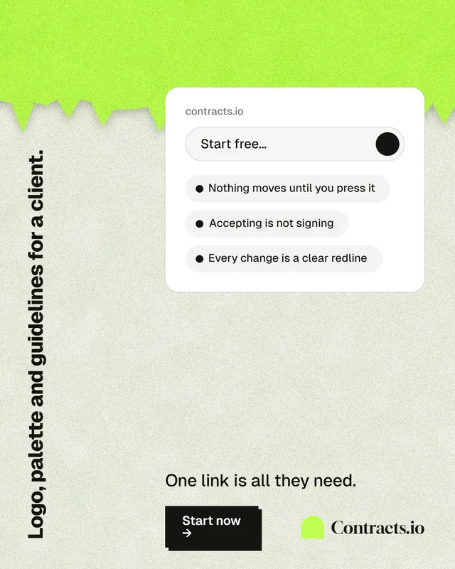 Instagram portrait post for contracts.io: "Logo, palette and guidelines for a client." Paper trio style, vertical layout, light palette in green, white, grey.