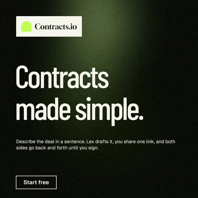 Instagram post for contracts.io: "Contracts made simple." Dark deco style, announce layout, dark palette in black, grey.