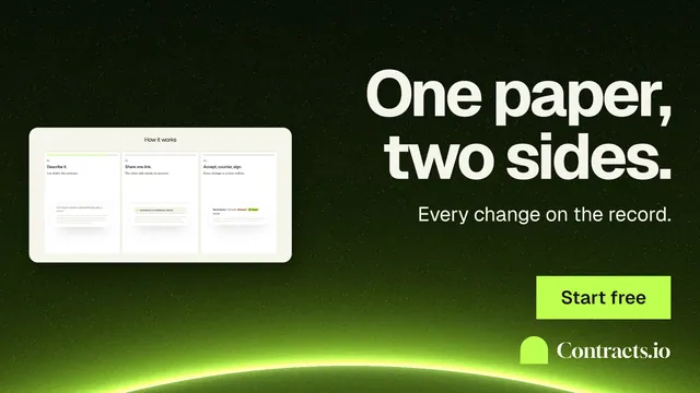 Landscape graphic for contracts.io: "One paper, two sides." Swiss style, right layout, dark palette in black, green.