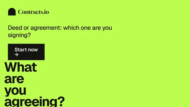 Landscape graphic for contracts.io: "What are you agreeing?" Swiss style, oversized layout, light palette in green.
