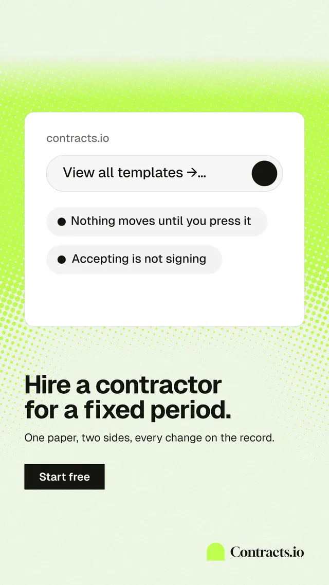 Instagram story for contracts.io: "Hire a contractor for a fixed period." Swiss style, bottom layout, light palette in white, green.