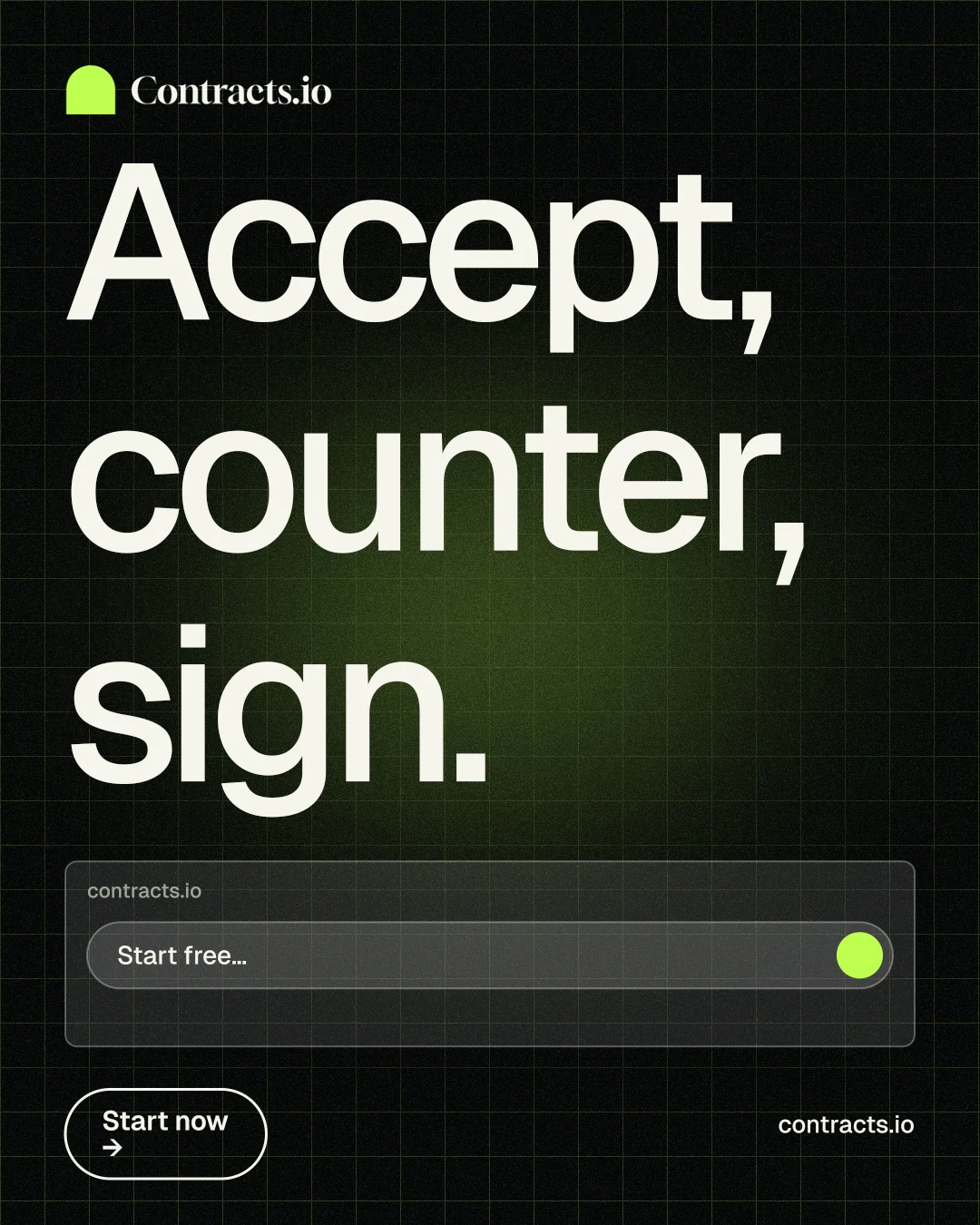 Instagram portrait post for contracts.io: "Accept, counter, sign." Phosphor atlas style, poster layout, dark palette in black, grey.