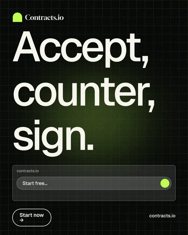Instagram portrait post for contracts.io: "Accept, counter, sign." Phosphor atlas style, poster layout, dark palette in black, grey.