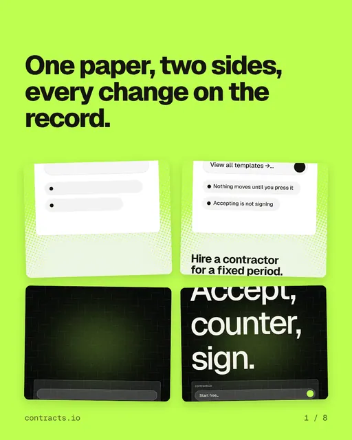 Carousel for contracts.io: "One paper, two sides, every change on the record.". Collection carousel, 8 slides, light palette.