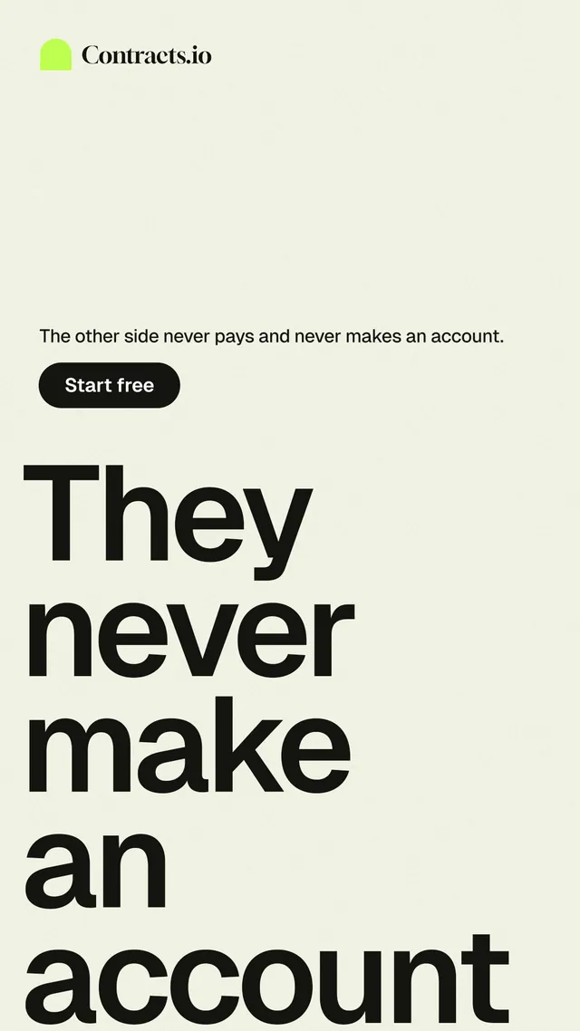 Instagram story for contracts.io: "They never make an account." Data card style, oversized layout, light palette in white, grey.