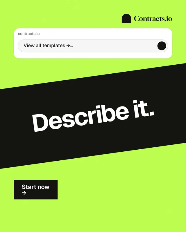 Instagram portrait post for contracts.io: "Describe it." Swiss style, diagonal layout, light palette in green, black.