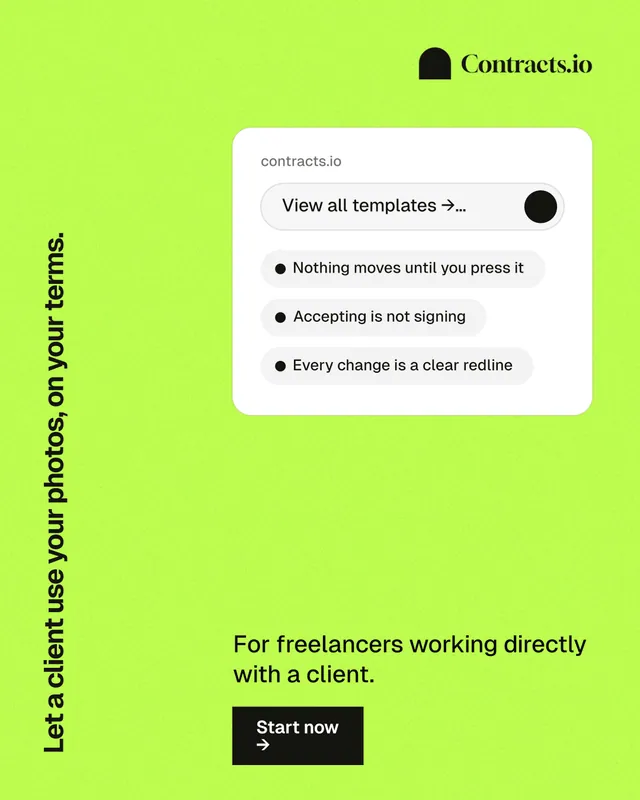 Instagram portrait post for contracts.io: "Let a client use your photos, on your terms." Swiss style, vertical layout, light palette in green.