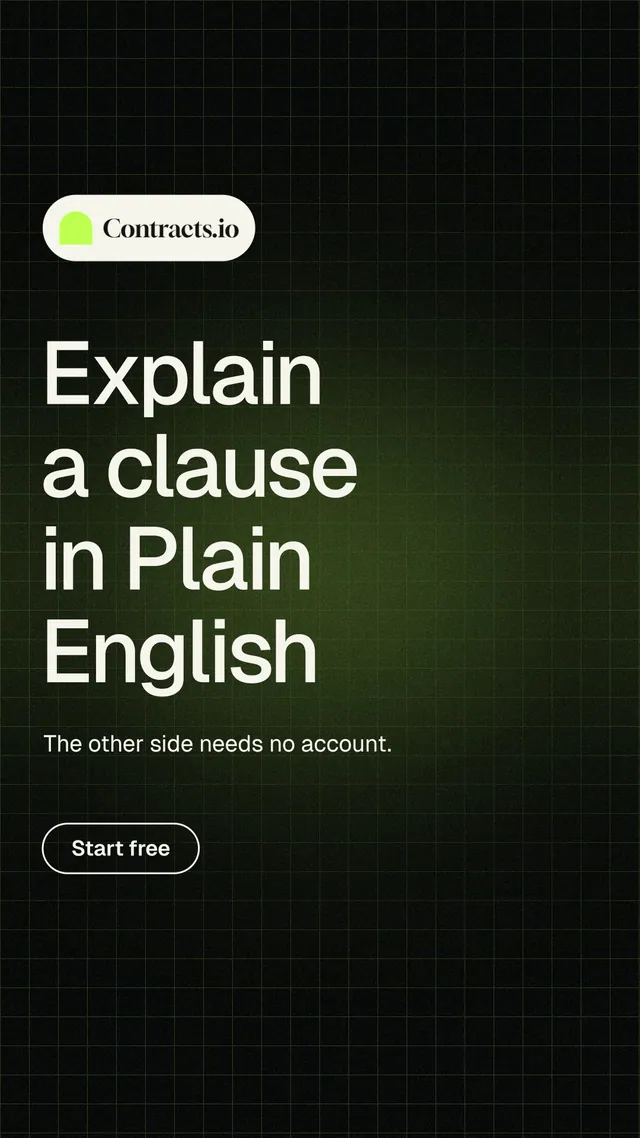 Instagram story for contracts.io: "Explain a clause in Plain English". Phosphor atlas style, announce layout, dark palette in black, grey.