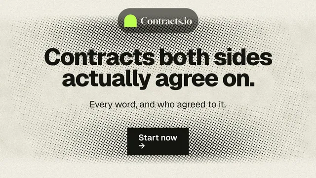 Landscape graphic for contracts.io: "Contracts both sides actually agree on." Ink sticker style, centred layout, light palette in yellow, grey.