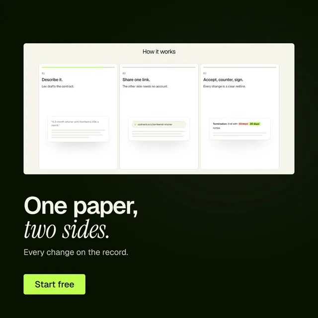 Video for contracts.io: "One paper, two sides.". Doc motion loop, 7.0 s, dark palette.