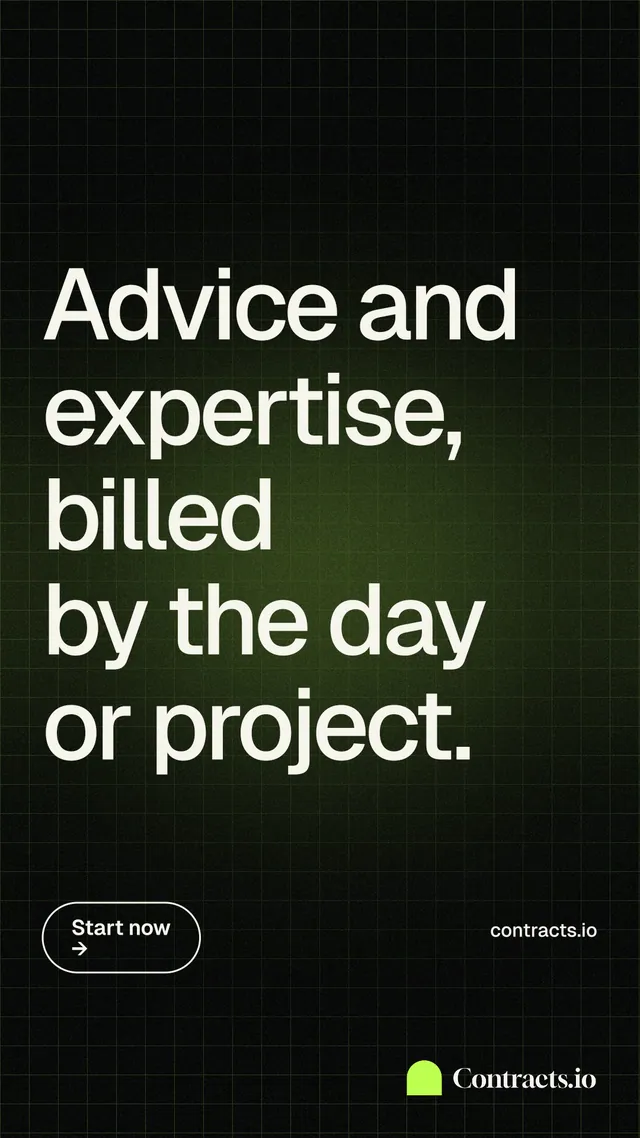 Instagram story for contracts.io: "Advice and expertise, billed by the day or project." Phosphor atlas style, poster layout, dark palette in black, grey.