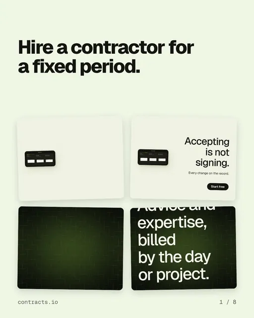 Carousel for contracts.io: "Hire a contractor for a fixed period.". Collection carousel, 8 slides, light palette.