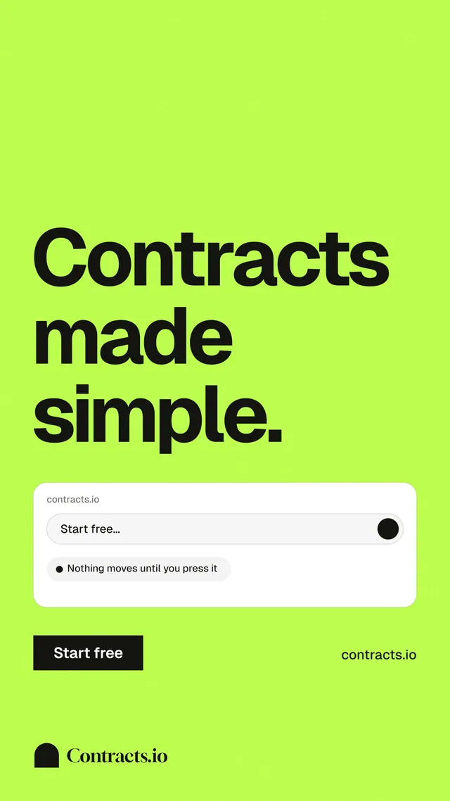 Instagram story for contracts.io: "Contracts made simple." Swiss style, poster layout, light palette in green.