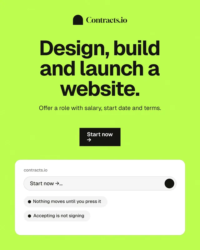 Instagram portrait post for contracts.io: "Design, build and launch a website." Swiss style, centred layout, light palette in green, white.