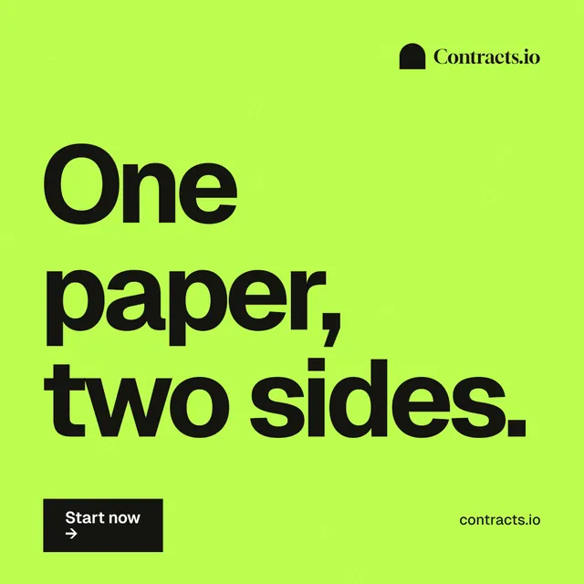 Instagram post for contracts.io: "One paper, two sides." Swiss style, poster layout, light palette in green.