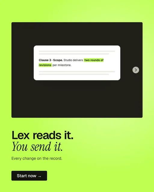 Video for contracts.io: "Lex reads it. You send it.". Doc motion loop, 8.0 s, light palette.