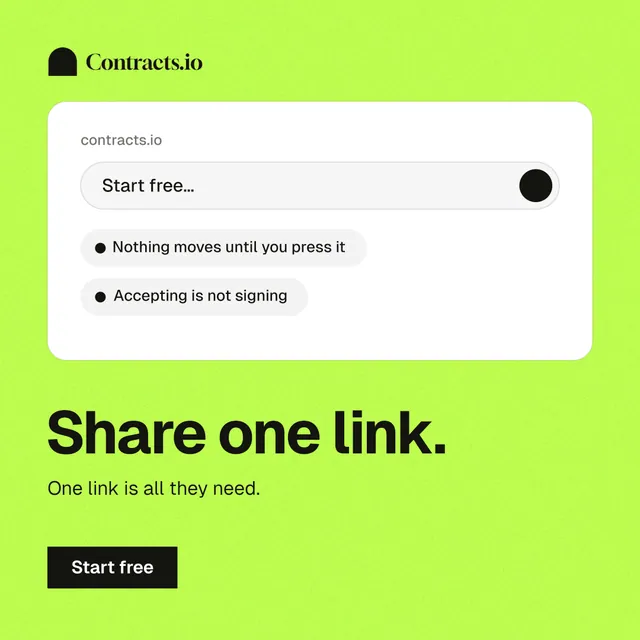Instagram post for contracts.io: "Share one link." Swiss style, bottom layout, light palette in green, white.