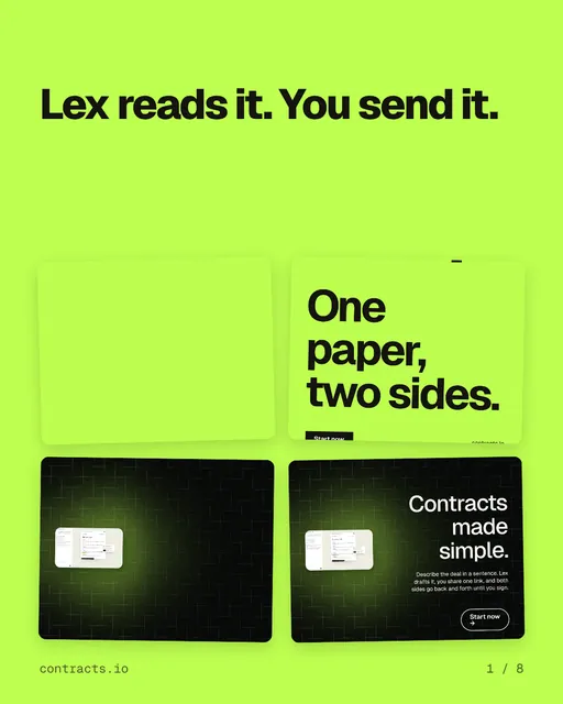 Carousel for contracts.io: "Lex reads it. You send it.". Collection carousel, 8 slides, light palette.