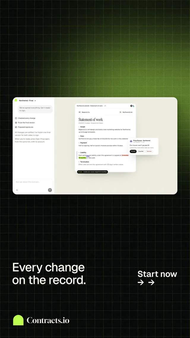 Instagram story for contracts.io: "Every change on the record." Phosphor atlas style, image led layout, dark palette in white, black, green.