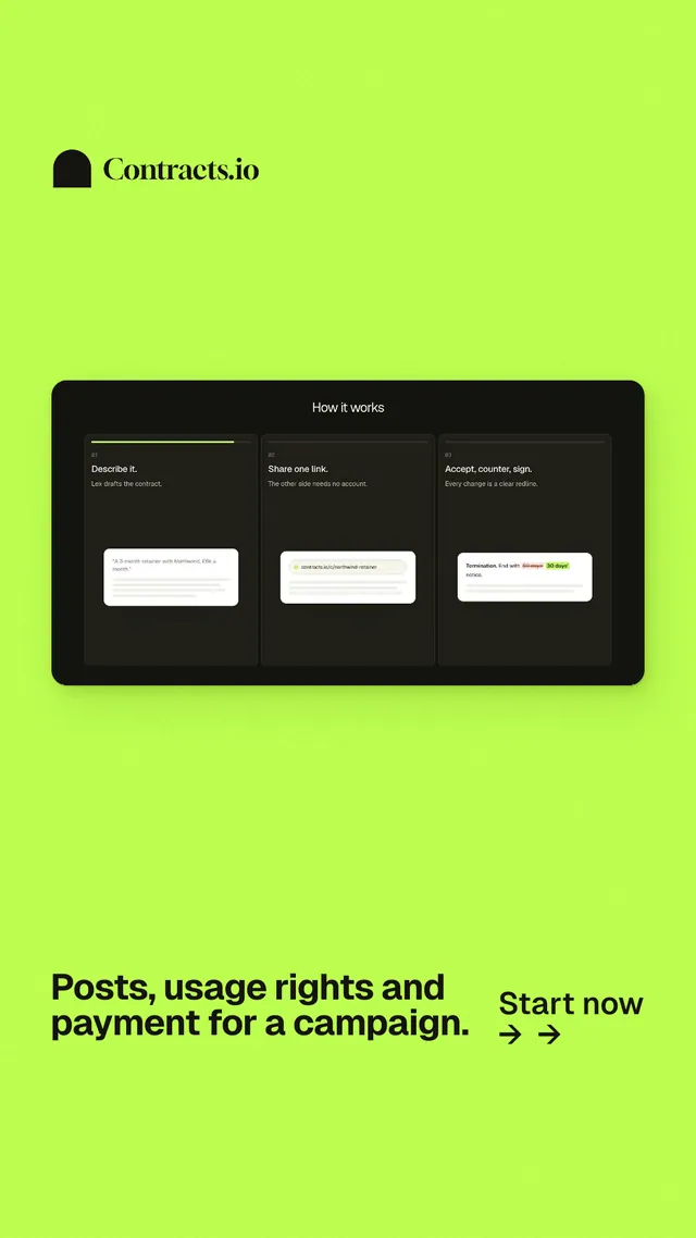 Instagram story for contracts.io: "Posts, usage rights and payment for a campaign." Swiss style, image led layout, light palette in green.