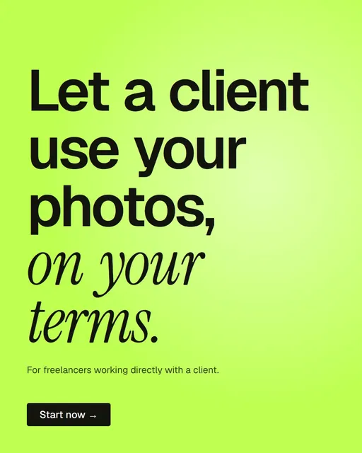 Video for contracts.io: "Let a client use your photos, on your terms.". Kinetic type grid, 6.0 s, light palette.
